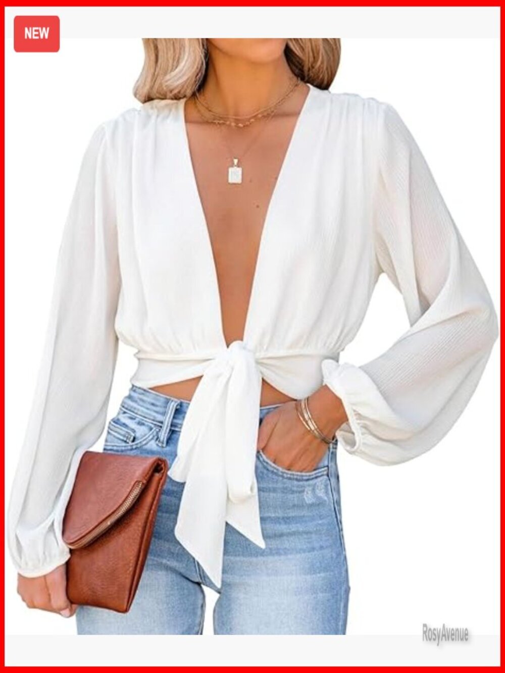 Deep V Neck Long Sleeve Tie Front Knot Crop Top Blouse
